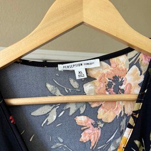 Colorful, floral faux cross-wrap tie tailored blouse, 3/4 lantern sleeves
